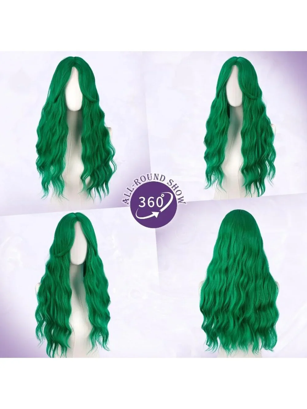 Women's Green 26 Inch Heat Resistant Curtain Bangs Long Wavy Wigs
